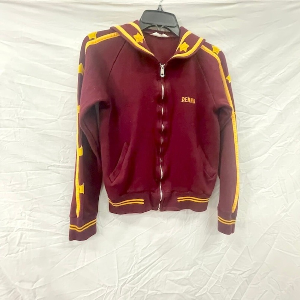 Vintage 70s Korea Military Tour Jacket Maroon Yellow Stars Zip Sail Collar